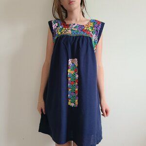 J. Marie Sarah Dress XS Oversized Mexican Embroidered Navy Boho Festival Mumu
